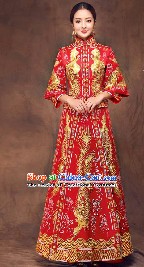 Chinese Ancient Wedding Costume Bride Toast Clothing, China Traditional Delicate Embroidered Phoenix Dress Xiuhe Suits for Women