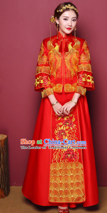 Chinese Traditional Wedding Dress Costume Red Bottom Drawer, China Ancient Bride Embroidered Peony Xiuhe Suit Clothing for Women