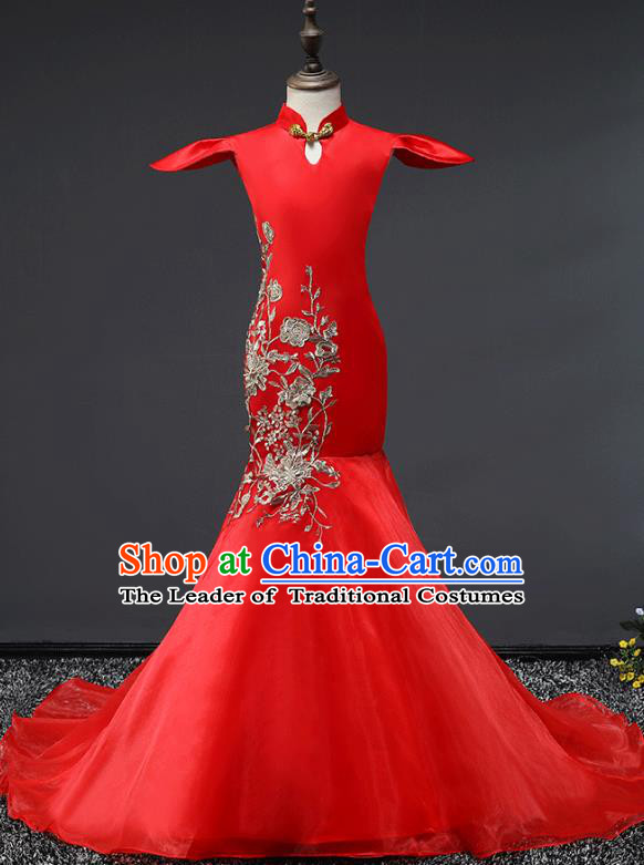 Children Stage Performance Costumes Red Embroidered Cheongsam Modern Fancywork Trailing Full Dress for Kids