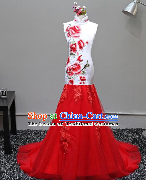 Top Grade Stage Performance Costumes Compere Cheongsam Embroidered Peony Mermaid Dress Modern Fancywork Full Dress for Kids