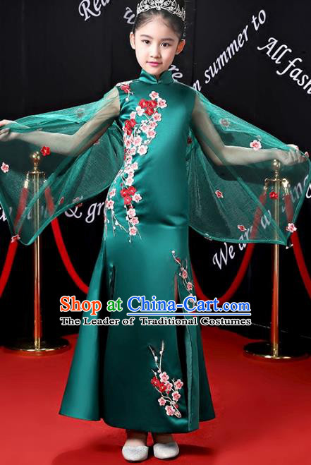 Top Grade Stage Performance Costumes Compere Green Cheongsam Modern Fancywork Full Dress for Kids
