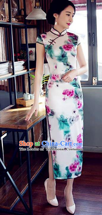 Top Grade Chinese Printing Flowers White Silk Qipao Dress National Costume Traditional Mandarin Cheongsam for Women
