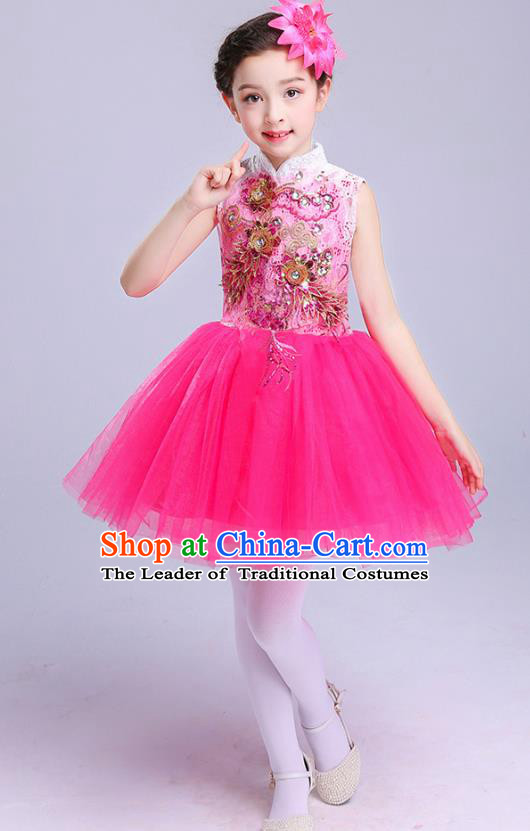 Top Grade Chorus Costumes Children Modern Dance Embroidered Paillette Rosy Bubble Dress for Kids
