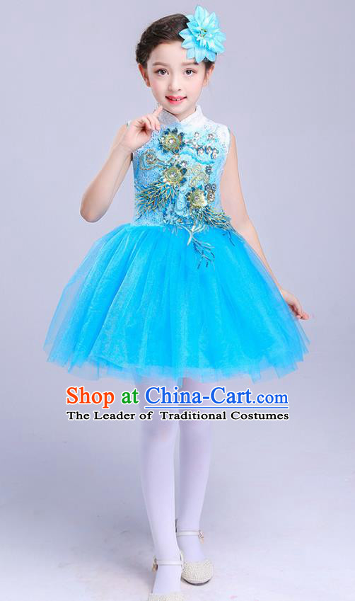 Top Grade Chorus Costumes Children Modern Dance Embroidered Paillette Blue Bubble Dress for Kids