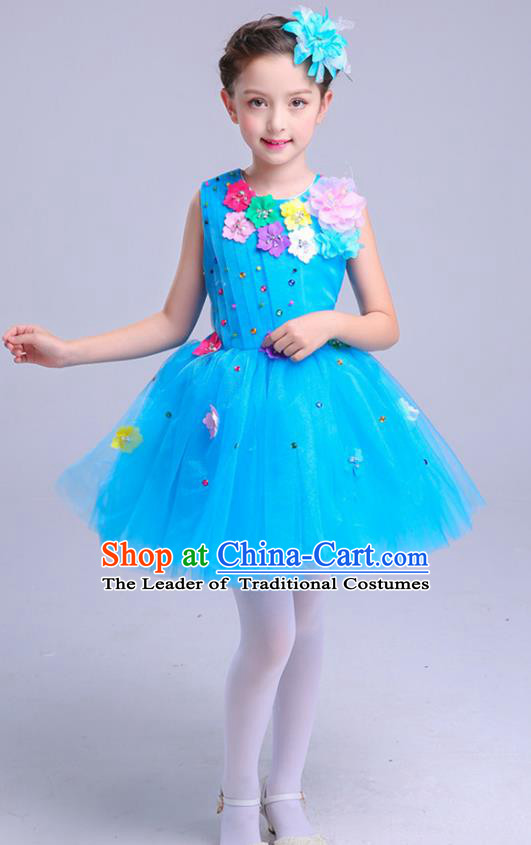 Top Grade Princess Blue Bubble Dress Girls Stage Performance Chorus Costumes Modern Dance Clothing for Kids