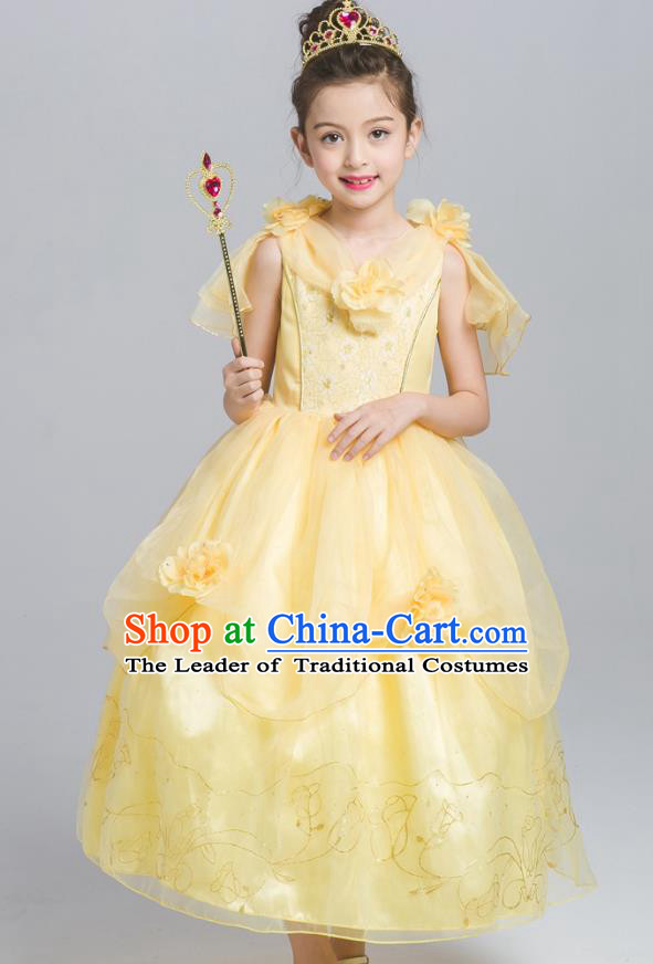 Top Grade Chorus Costumes Stage Performance Princess Yellow Veil Dress Children Modern Dance Clothing for Kids
