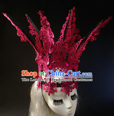 Top Grade Christmas Catwalks Hair Accessories Halloween Stage Performance Rosy Lace Royal Crown Modern Fancywork Headwear