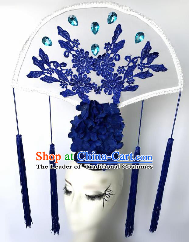 Top Grade Chinese Traditional Catwalks Hair Accessories Exaggerated Palace Pincess Blue Flowers Headdress Halloween Modern Fancywork Headwear