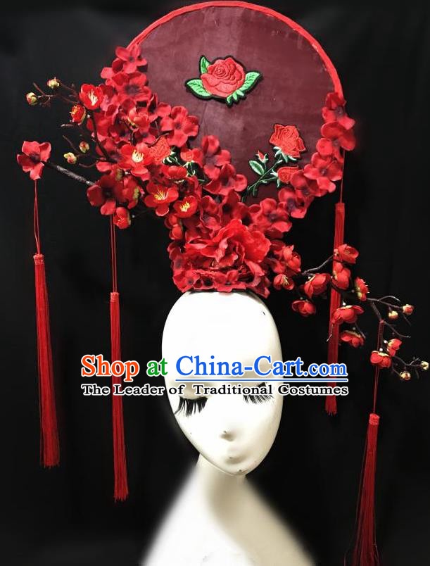 Top Grade Chinese Traditional Catwalks Hair Accessories Exaggerated Palace Pincess Red Peach Blossom Headdress Halloween Modern Fancywork Headwear