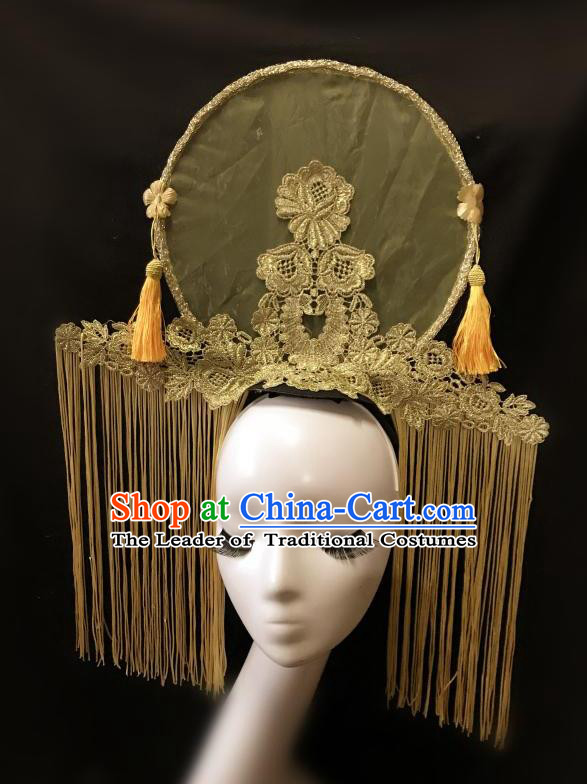 Top Grade Catwalks Tassel Hair Accessories Exaggerated Chinese Traditional Golden Tassel Headdress Modern Fancywork Headwear