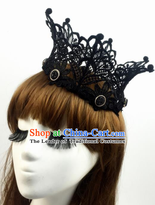 Top Grade Catwalks Hair Accessories Exaggerated Black Lace Royal Crown Halloween Modern Fancywork Headwear