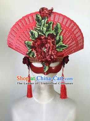Top Grade Chinese Traditional Catwalks Embroidered Red Hair Accessories Exaggerated Halloween Modern Fancywork Wedding Headwear