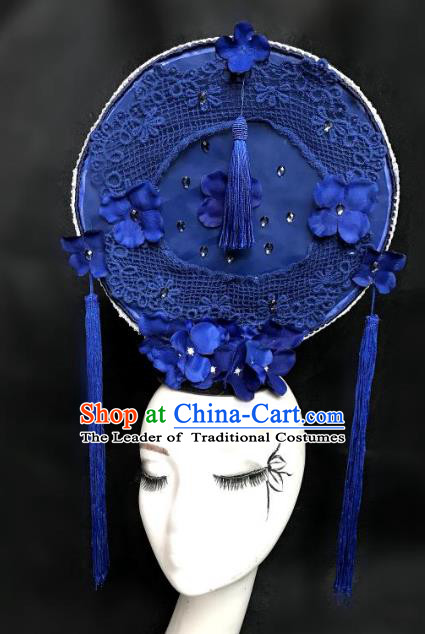 Top Grade Chinese Catwalks Hair Accessories Blue Lace Headdress Exaggerated Halloween Modern Fancywork Headwear