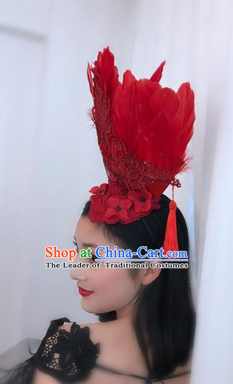 Top Grade Catwalks Hair Accessories Exaggerated Baroque Red Feather Hair Clasp Modern Fancywork Headwear