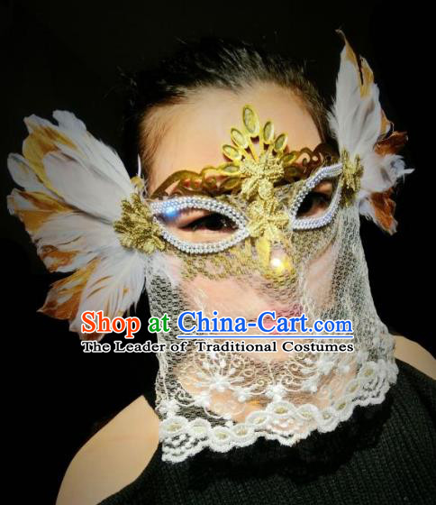 Halloween Handmade White Feather Face Mask Fancy Ball Catwalks Masks Christmas Exaggerated Feather Masks