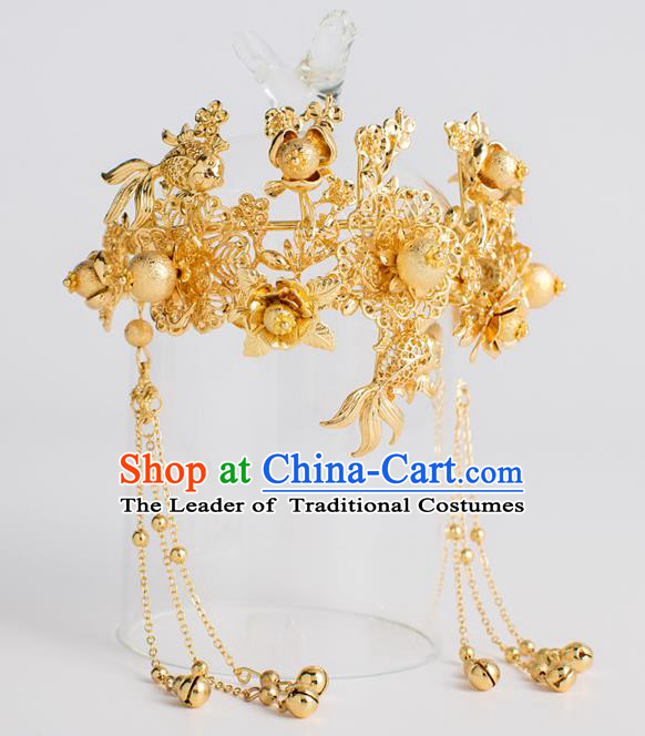Chinese Ancient Bride Accessories Golden Bracelet Xiuhe Suit Tassel Bangle for Women