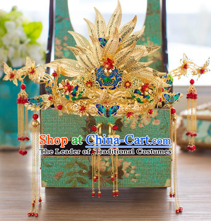 Chinese Traditional Palace Hair Accessories Xiuhe Suit Blueing Phoenix Coronet Ancient Hairpins Complete Set for Women