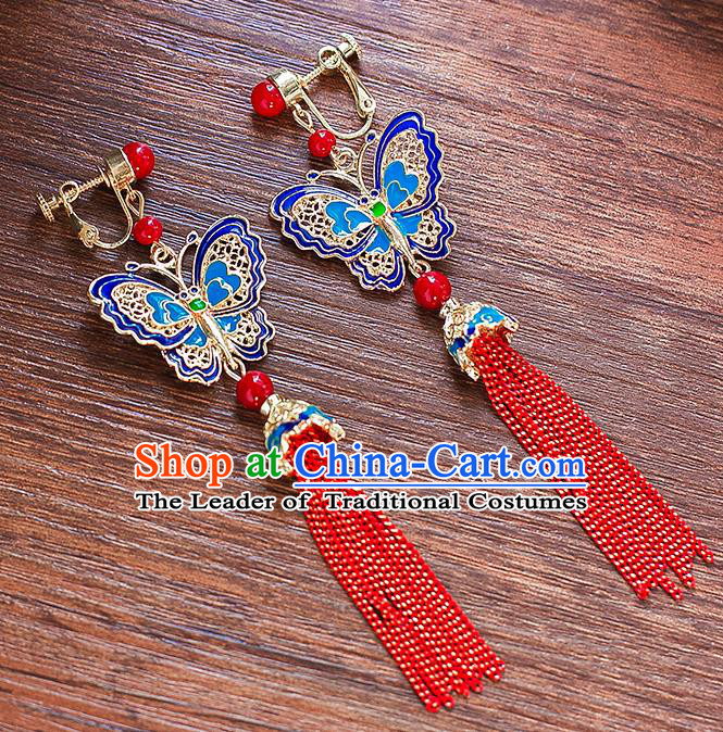 Chinese Ancient Bride Classical Accessories Earrings Wedding Jewelry Hanfu Blue Butterfly Eardrop for Women