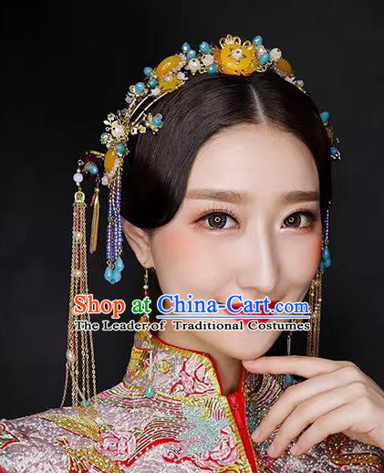 Chinese Traditional Palace Hair Accessories Ancient Hairpins Xiuhe Suit Tassel Hair Clips Complete Set for Women