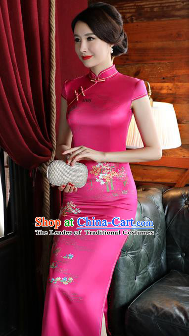 Top Grade Chinese National Costume Printing Rosy Silk Qipao Dress Traditional Tang Suit Cheongsam for Women