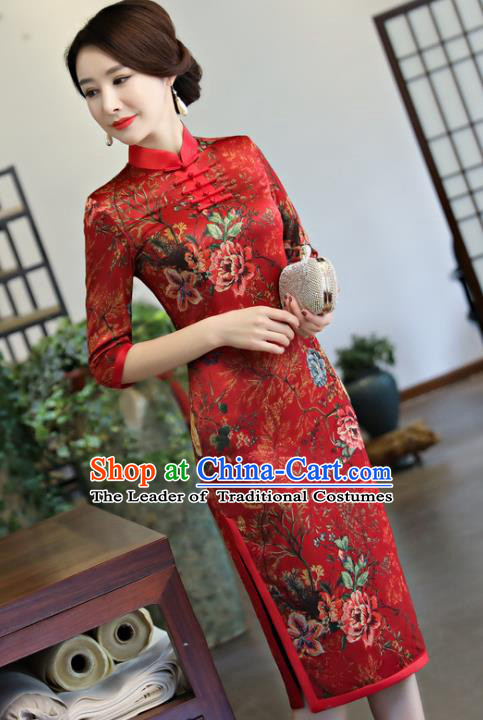 Top Grade Chinese Red Watered Gauze Qipao Dress National Costume Traditional Mandarin Cheongsam for Women