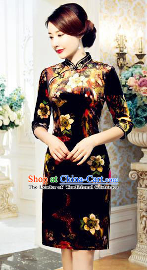Top Grade Chinese National Costume Printing Qipao Dress Traditional Lace Cheongsam for Women