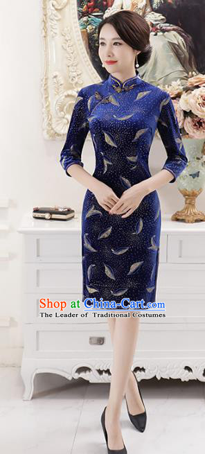 Top Grade Chinese National Costume Royalblue Qipao Dress Traditional Lace Cheongsam for Women