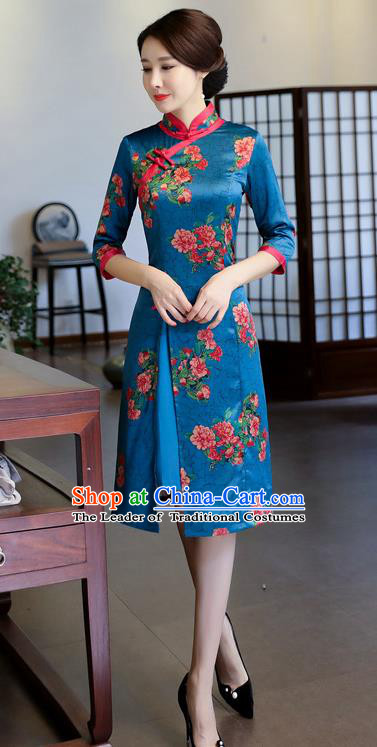 Chinese National Costume Handmade Printing Blue Watered Gauze Qipao Dress Traditional Cheongsam for Women