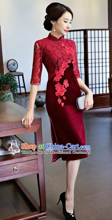 Chinese National Costume Handmade Embroidered Qipao Dress Traditional Red Lace Cheongsam for Women