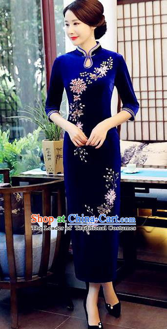Top Grade Chinese Beading Embroidery Royalblue Qipao Dress National Costume Traditional Mandarin Cheongsam for Women