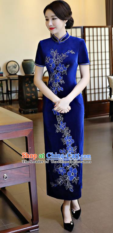 Chinese National Costume Handmade Qipao Dress Traditional Tang Suit Royalblue Velvet Cheongsam for Women