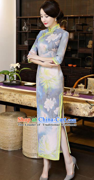 Chinese National Costume Tang Suit Qipao Dress Traditional Printing Lotus Blue Cheongsam for Women