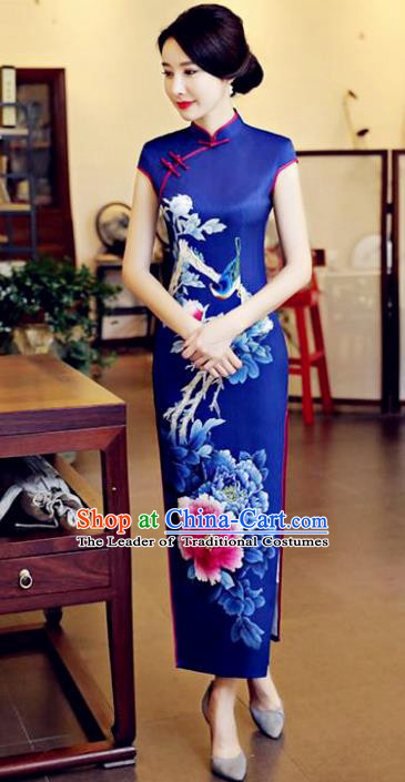 Chinese National Costume Tang Suit Qipao Dress Traditional Printing Peony Flowers Blue Cheongsam for Women