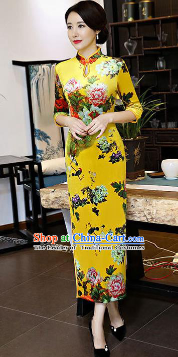 Chinese National Costume Handmade Yellow Qipao Dress Traditional Tang Suit Printing Silk Cheongsam for Women
