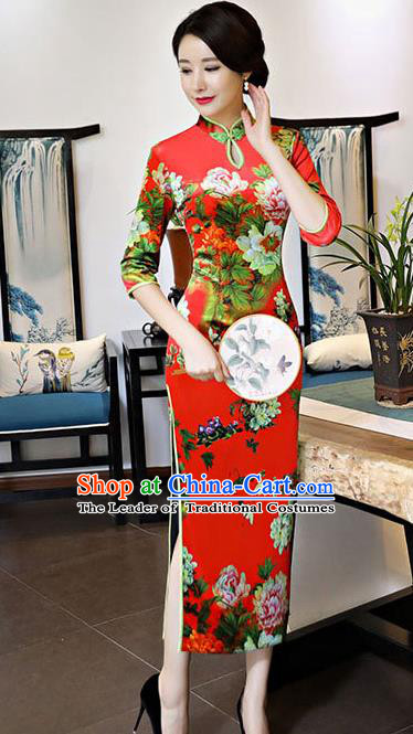 Chinese National Costume Handmade Red Qipao Dress Traditional Tang Suit Printing Silk Cheongsam for Women