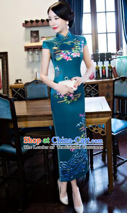 Chinese Top Grade Retro Printing Silk Qipao Dress Traditional Republic of China Tang Suit Green Cheongsam for Women