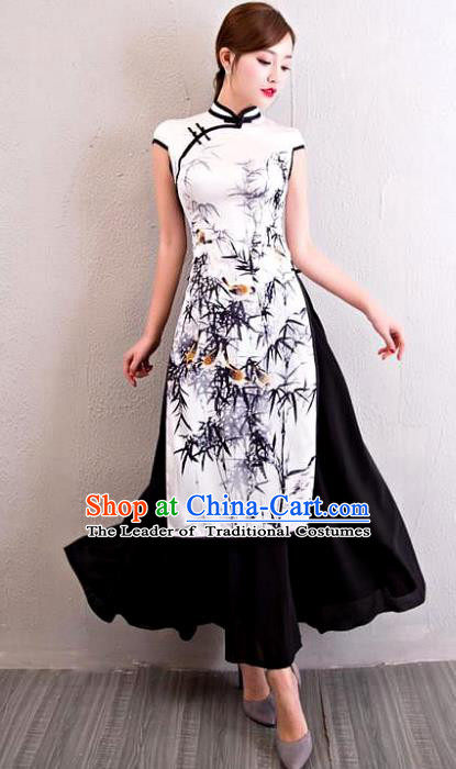 Chinese National Costume Tang Suit Printing Bamboo Silk Qipao Dress Traditional Cheongsam for Women