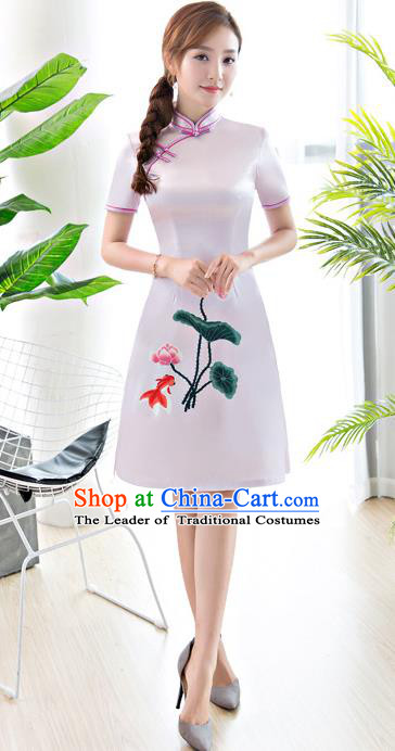 Chinese National Costume Tang Suit Printing Lotus White Qipao Dress Traditional Republic of China Cheongsam for Women