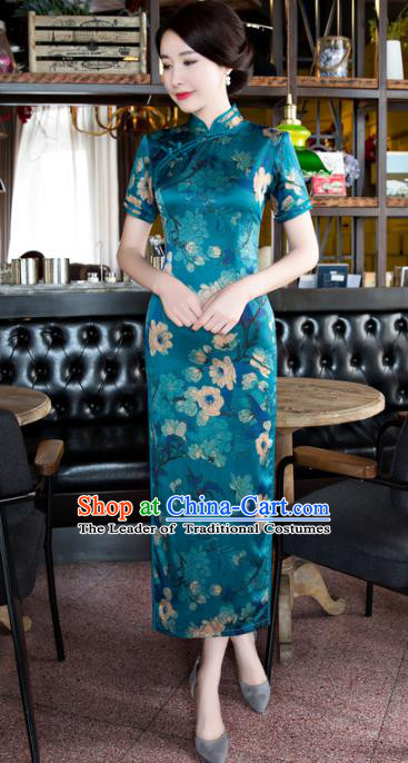 Chinese National Costume Tang Suit Qipao Dress Traditional Republic of China Green Satin Cheongsam for Women