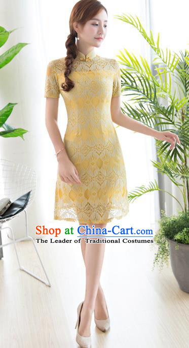 Chinese National Costume Tang Suit Yellow Lace Qipao Dress Traditional Republic of China Cheongsam for Women