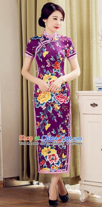 Chinese National Costume Tang Suit Purple Qipao Dress Traditional Republic of China Printing Peony Flowers Cheongsam for Women