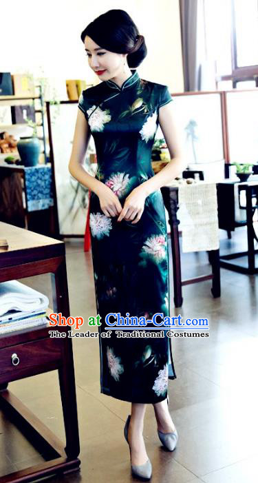 Chinese National Costume Tang Suit Qipao Dress Traditional Republic of China Atrovirens Cheongsam for Women