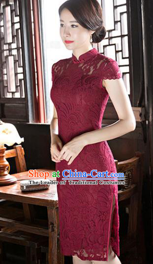 Chinese National Costume Tang Suit Qipao Dress Traditional Republic of China Wine Red Lace Cheongsam for Women