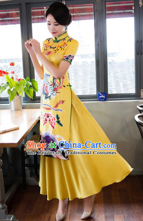 Chinese National Costume Retro Printing Phoenix Peony Yellow Qipao Dress Traditional Republic of China Tang Suit Cheongsam for Women