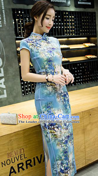 Chinese Top Grade Retro Printing Flowers Blue Qipao Dress Traditional Republic of China Tang Suit Cheongsam for Women