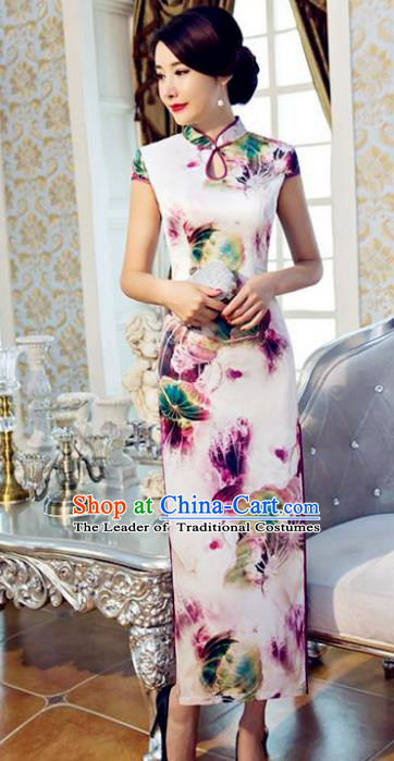Chinese Top Grade Retro Printing Purple Lotus Silk Qipao Dress Traditional Republic of China Tang Suit Cheongsam for Women