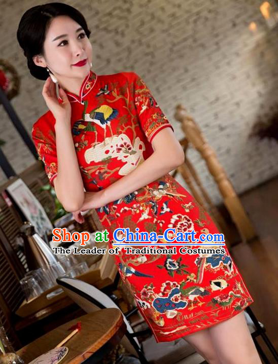 Chinese Top Grade Elegant Printing Crane Qipao Dress Traditional Republic of China Tang Suit Red Cheongsam for Women