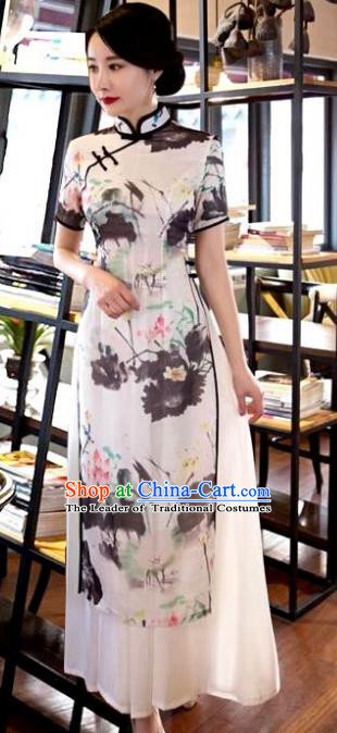 Chinese Top Grade Elegant Ink Painting Lotus Qipao Dress Traditional Republic of China Tang Suit White Cheongsam for Women