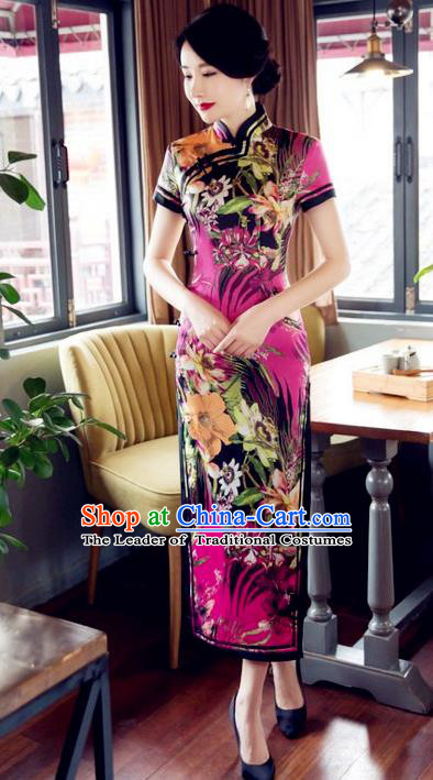 Top Grade Chinese Elegant Printing Purple Cheongsam Traditional Republic of China Tang Suit Silk Qipao Dress for Women