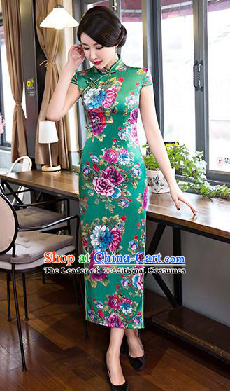 Top Grade Chinese Elegant Printing Flowers Green Cheongsam Traditional Republic of China Tang Suit Silk Qipao Dress for Women